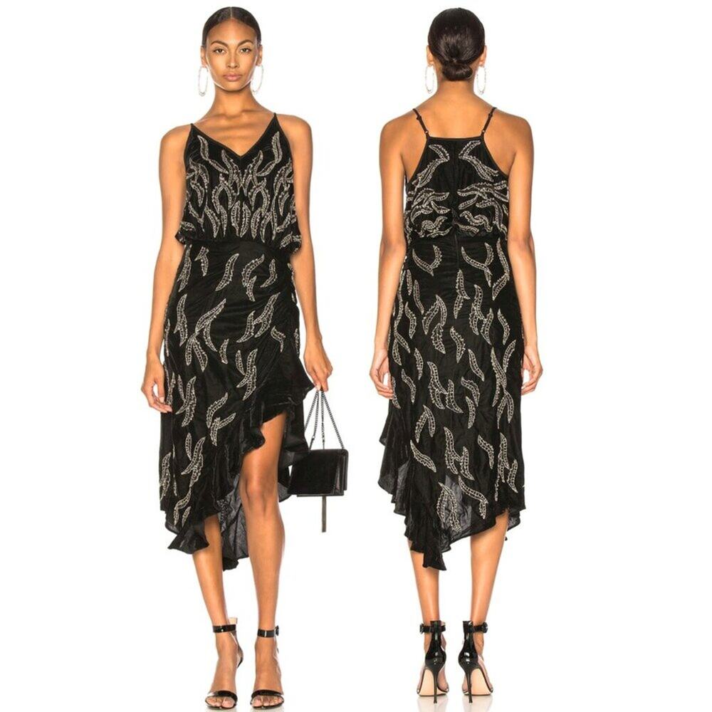 Dodo Bar Or Agnes Black Velvet Beaded‎ Dress - Asymmetrical Ruffled Hem